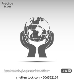 Globe icon with hand, vector illustration.