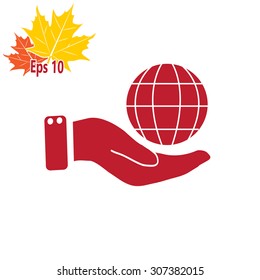 Globe icon with hand, vector illustration