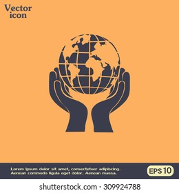 Globe icon with hand, vector illustration.