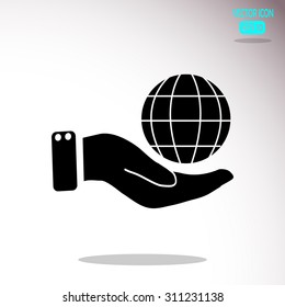 Globe icon with hand, vector illustration