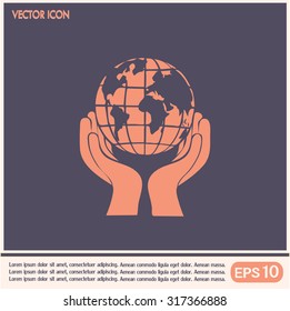 Globe icon with hand, vector illustration.