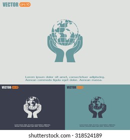 Globe icon with hand, vector illustration.
