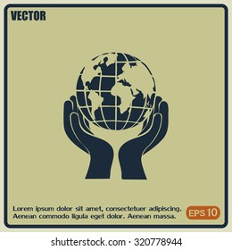 Globe icon with hand, vector illustration.