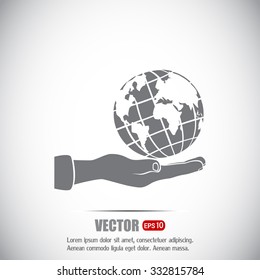 Globe icon with hand, vector illustration.