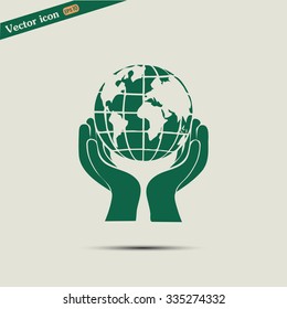 Globe icon with hand, vector illustration.