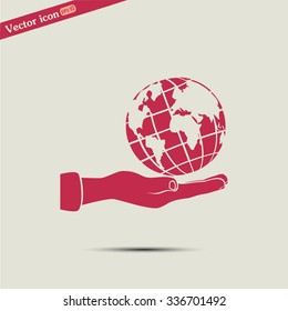 Globe icon with hand, vector illustration.