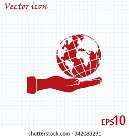 Globe icon with hand, vector illustration.