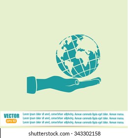Globe icon with hand, vector illustration.