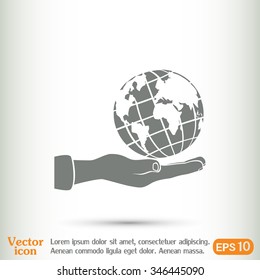 Globe icon with hand, vector illustration.