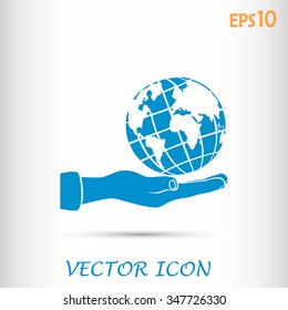 Globe icon with hand, vector illustration.