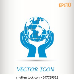 Globe icon with hand, vector illustration.