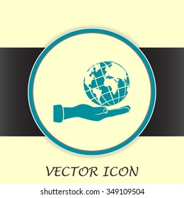 Globe icon with hand, vector illustration.