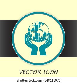 Globe icon with hand, vector illustration.
