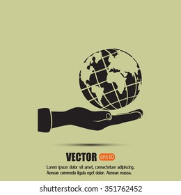 Globe icon with hand, vector illustration.
