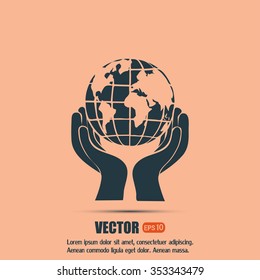 Globe icon with hand, vector illustration.