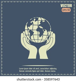 Globe icon with hand, vector illustration.