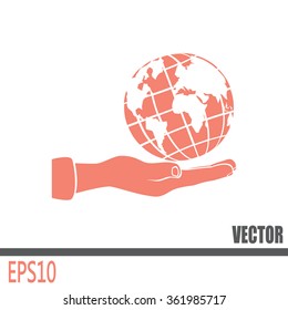 Globe icon with hand, vector illustration.