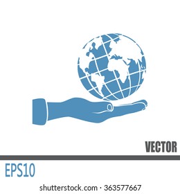 Globe icon with hand, vector illustration.