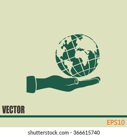 Globe icon with hand, vector illustration.
