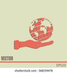Globe icon with hand, vector illustration.