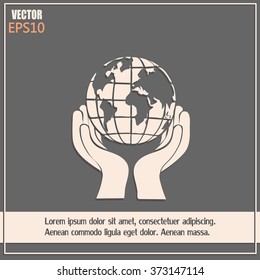 Globe icon with hand, vector illustration.