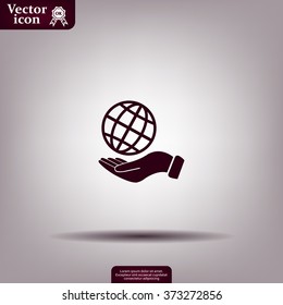 Globe icon with hand, vector illustration. Flat design style