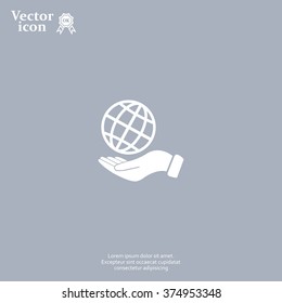 Globe icon with hand, vector illustration. Flat design style