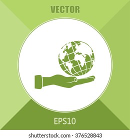 Globe icon with hand, vector illustration.