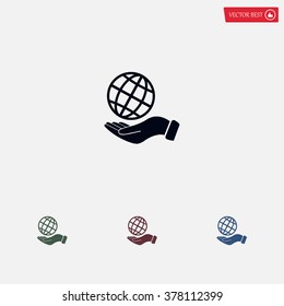 Globe icon with hand, vector illustration. Flat design style