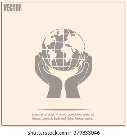 Globe icon with hand, vector illustration.
