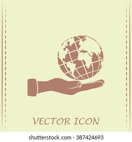 Globe icon with hand, vector illustration.