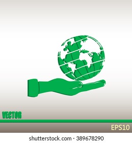 Globe icon with hand, vector illustration.