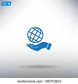 Globe icon with hand, vector illustration. Flat design style
