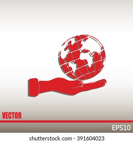 Globe icon with hand, vector illustration.