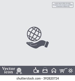 Globe icon with hand, vector illustration. Flat design style