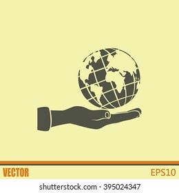 Globe icon with hand, vector illustration.