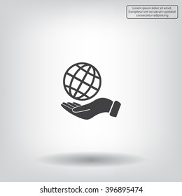 Globe icon with hand, vector illustration. Flat design style