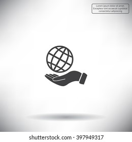 Globe icon with hand, vector illustration. Flat design style