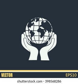 Globe icon with hand, vector illustration.