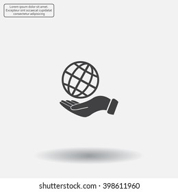 Globe icon with hand, vector illustration. Flat design style