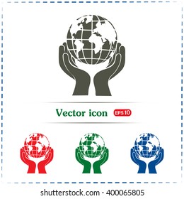 Globe icon with hand, vector illustration.