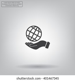 Globe icon with hand, vector illustration. Flat design style