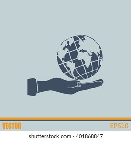 Globe icon with hand, vector illustration.