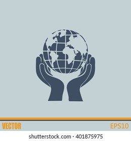 Globe icon with hand, vector illustration.