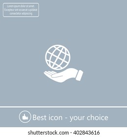 Globe icon with hand, vector illustration. Flat design style