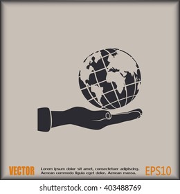 Globe icon with hand, vector illustration.
