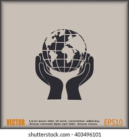 Globe icon with hand, vector illustration.