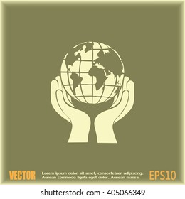 Globe icon with hand, vector illustration.