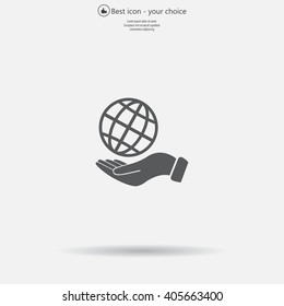 Globe icon with hand, vector illustration. Flat design style