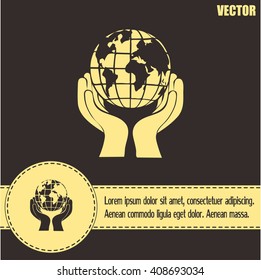 Globe icon with hand, vector illustration.